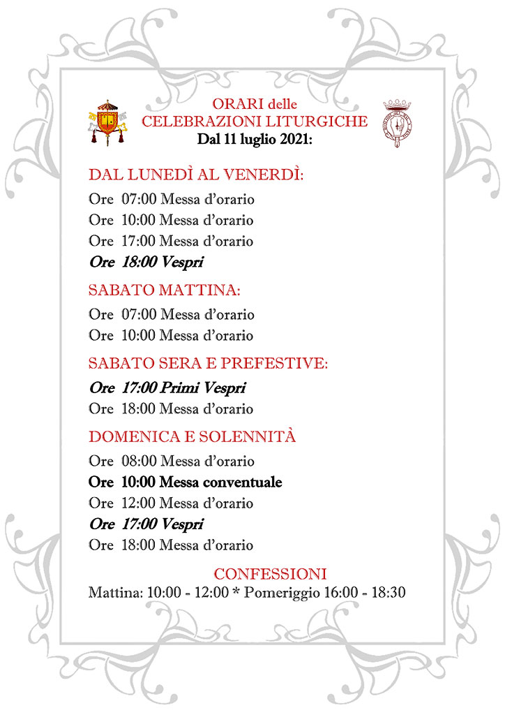 Orari delle celebrazioni e confessioni dall'11 luglio 2021, Basilica San Paolo