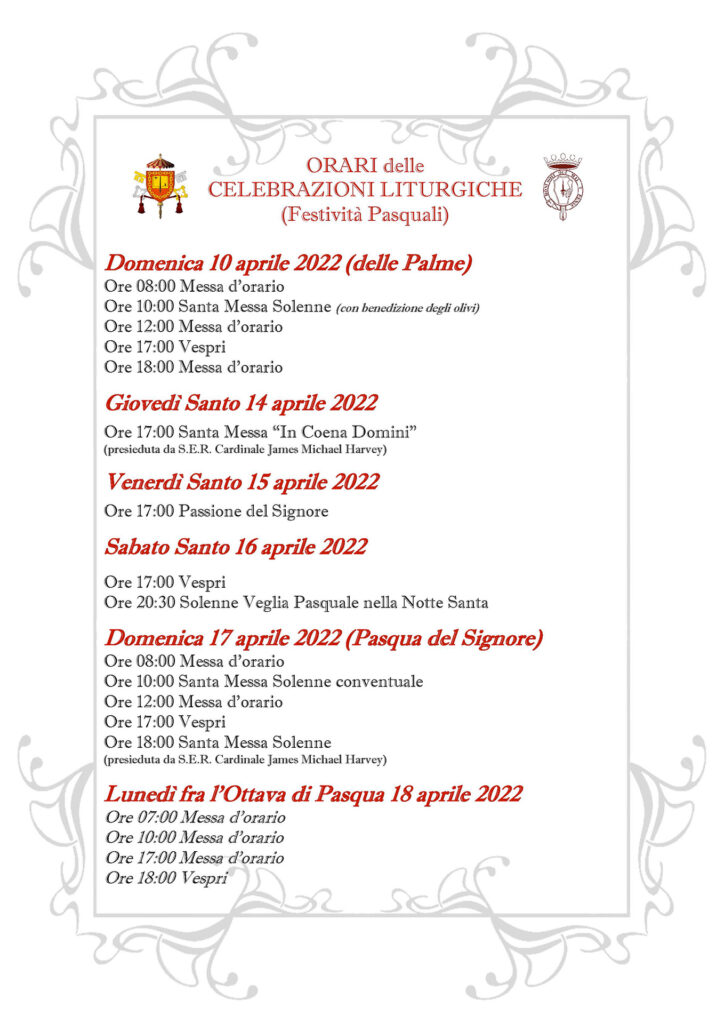 Timetable of the celebrations for the Holy Easter 2022